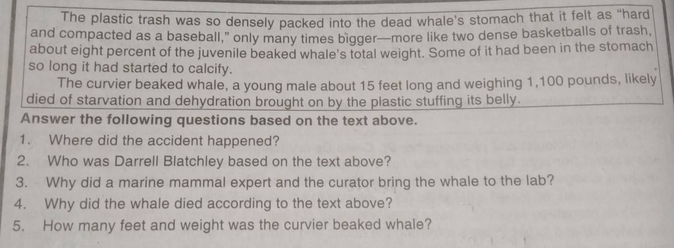 The plastic trash was so densely packed into the dead whale’s stomach that it felt as “hard 
and compacted as a baseball,” only many times bigger—more like two dense basketballs of trash, 
about eight percent of the juvenile beaked whale's total weight. Some of it had been in the stomach 
so long it had started to calcify. 
The curvier beaked whale, a young male about 15 feet long and weighing 1,100 pounds, likely 
died of starvation and dehydration brought on by the plastic stuffing its belly. 
Answer the following questions based on the text above. 
1. Where did the accident happened? 
2. Who was Darrell Blatchley based on the text above? 
3. Why did a marine mammal expert and the curator bring the whale to the lab? 
4. Why did the whale died according to the text above? 
5. How many feet and weight was the curvier beaked whale?