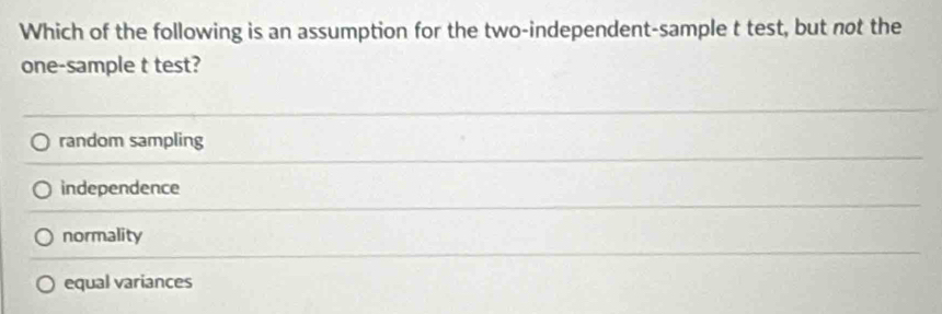 Which of the following is an assumption for the two-independent-sample t test, but not the
one-sample t test?
random sampling
independence
normality
equal variances