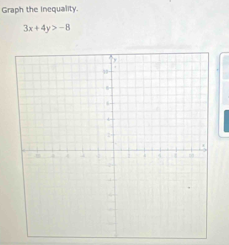 Graph the inequality.
3x+4y>-8