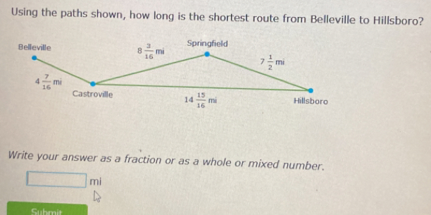 Using the paths shown, how long is the shortest route from Belleville to Hillsboro?
Write your answer as a fraction or as a whole or mixed number.
□ mi
Submit