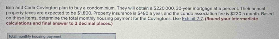 Ben and Carla Covington plan to buy a condominium. They will obtain a $220,000, 30-year mortgage at 5 percent. Their annual 
property taxes are expected to be $1,800. Property insurance is $480 a year, and the condo association fee is $220 a month. Based 
on these items, determine the total monthly housing payment for the Covingtons. Use Exhibit 7-7. (Round your intermediate 
calculations and final answer to 2 decimal places.) 
Total monthly housing payment