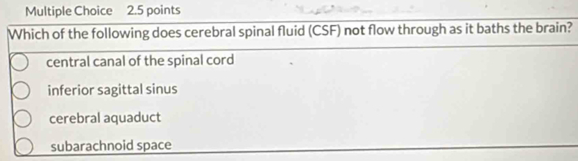 Which of the following does cerebral spinal fluid (CSF) not flow through as it baths the brain?
central canal of the spinal cord
inferior sagittal sinus
cerebral aquaduct
subarachnoid space