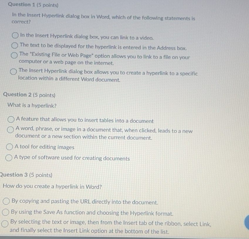 Solved: In the Insert Hyperlink dialog box in Word, which of the ...