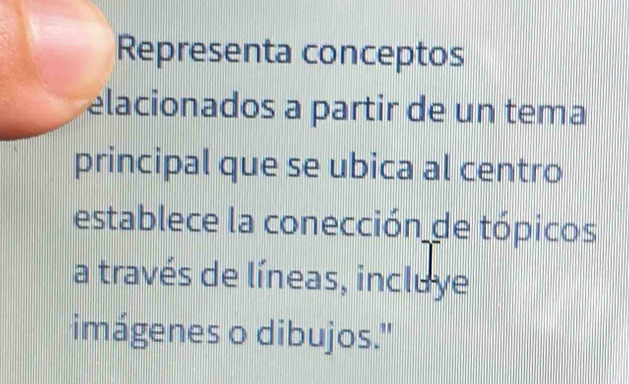 Representa conceptos 
elacionados a partir de un tema 
principal que se ubica al centro 
establece la conección de tópicos 
a través de líneas, incluye 
imágenes o dibujos.'