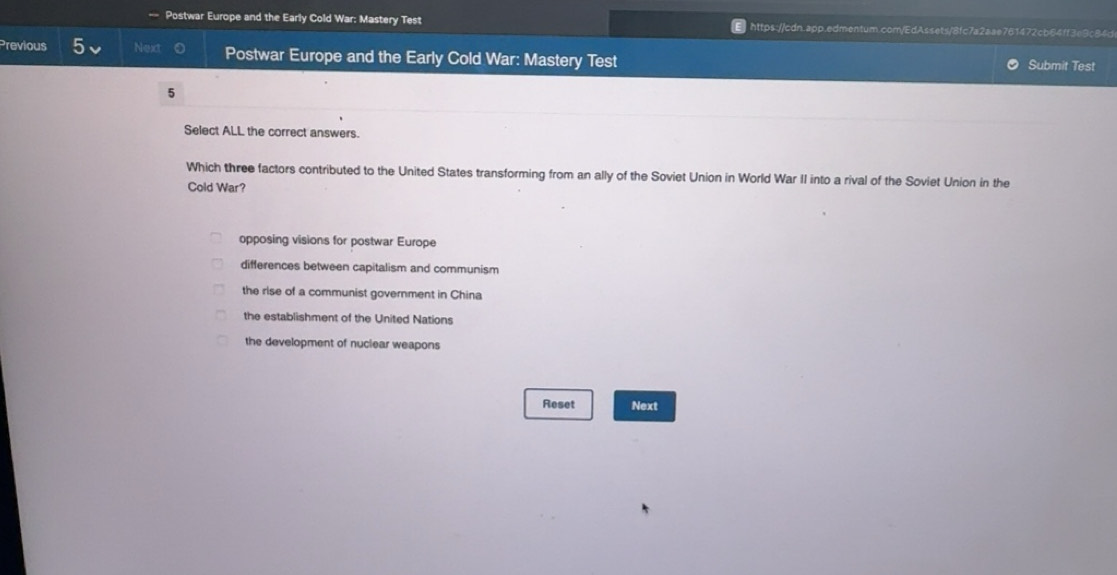 Solved: Postwar Europe and the Early Cold War: Mastery Test https://cdn.app.edmentum.com ...