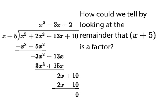 How could we tell by
beginarrayr abctan A= a□ /□ □   -□ □ □  -frac x^2□ endarray -2x+□ □  -□ □  hline □ endarray 
looking at the 
remainder that (x+5)
a factor?