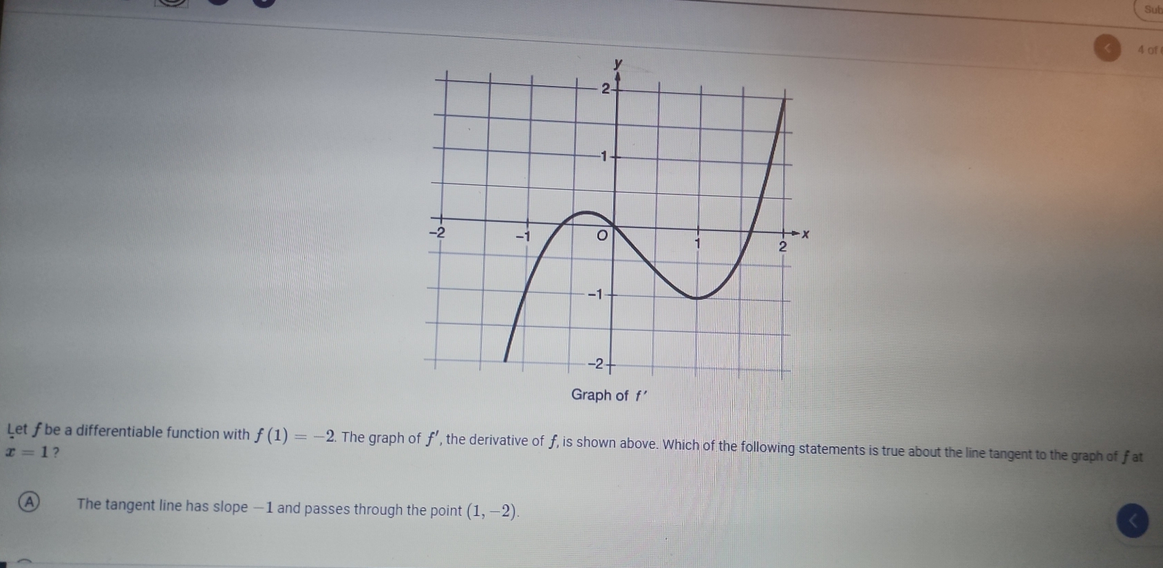 Sut
4 of
Graph of f'
Let ƒ be a differentiable function with f(1)=-2. . The graph of f' , the derivative of f, is shown above. Which of the following statements is true about the line tangent to the graph of f at
x=1 ?
A) The tangent line has slope —1 and passes through the point (1,-2).