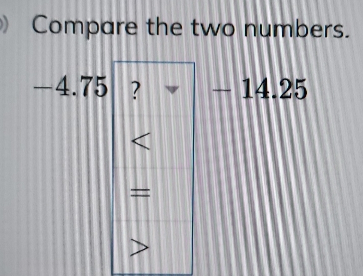  Compare the two numbers.
-4 - 14.25