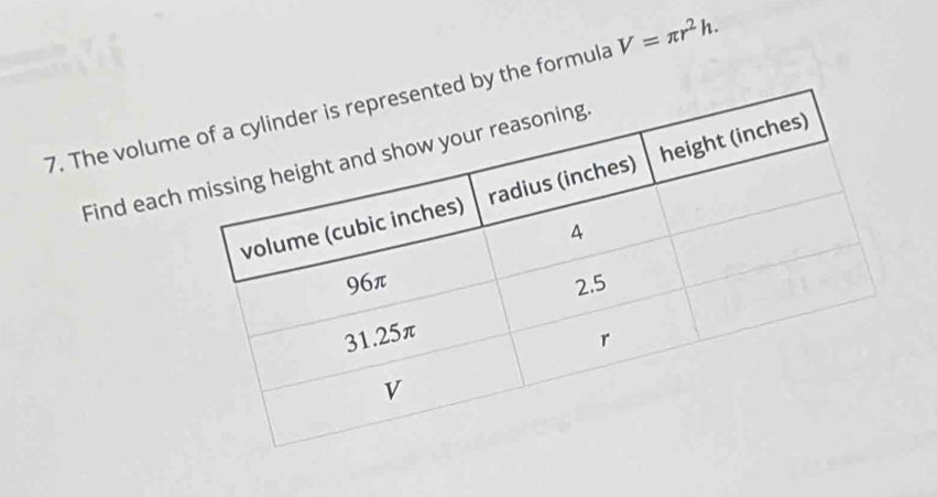 The volumy the formula V=π r^2h. 
Find each