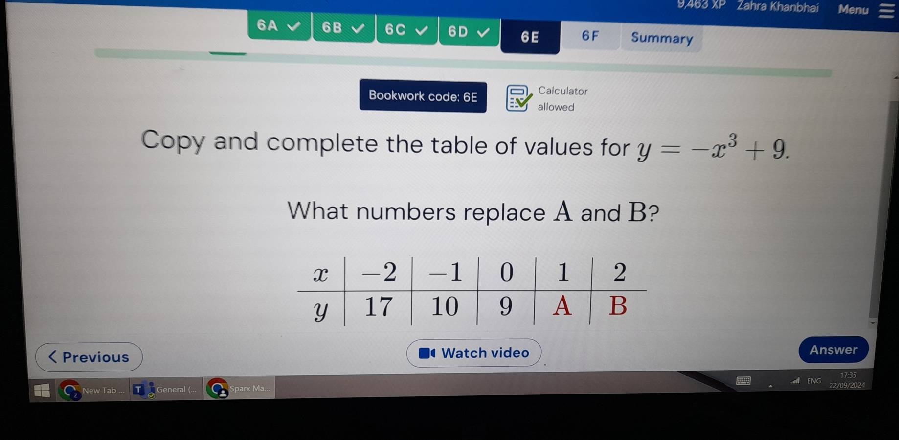 9463 XP Zahra Khanbhai Menu 
6A 6B 6C 6D 6E 6F Summary 
Bookwork code: 6E 
Calculator 
allowed 
Copy and complete the table of values for y=-x^3+9. 
What numbers replace A and B?