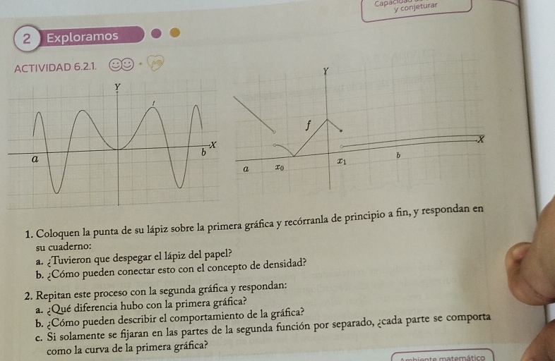 Capacida
y conjeturar
2  Exploramos
ACTIVIDAD 6.2.1. *
1. Coloquen la punta de su lápiz sobre la primera gráfica y recórranla de principio a fin, y respondan en
su cuaderno:
a. ¿Tuvieron que despegar el lápiz del papel?
b. ¿Cómo pueden conectar esto con el concepto de densidad?
2. Repitan este proceso con la segunda gráfica y respondan:
a. ¿Qué diferencia hubo con la primera gráfica?
b. ¿Cómo pueden describir el comportamiento de la gráfica?
c. Si solamente se fijaran en las partes de la segunda función por separado, ¿cada parte se comporta
como la curva de la primera gráfica?
m atemátic