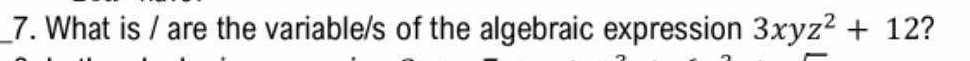 What is / are the variable/s of the algebraic expression 3xyz^2+12 ?