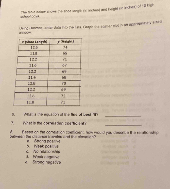 The table below shows the shoe length (in inches) and height (in inches) of 10 high
school boys.
Using Desmos, enter data into the lists. Graph the scatter plot in an appropriately sized
window.
6. What is the equation of the line of best fit?_
7. What is the correlation coefficient?
_
8. Based on the correlation coefficient, how would you describe the relationship
between the distance traveled and the elevation?
a. Strong positive
b. Weak positive
c. No relationship
d. Weak negative
e. Strong negative