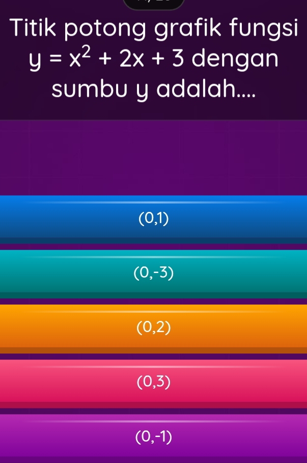 Titik potong grafik fungsi
y=x^2+2x+3 dengan
sumbu y adalah....
(0,1)
(0,-3)
(0,2)
(0,3)
(0,-1)