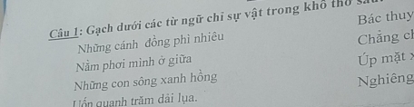 Gạch dưới các từ ngữ chỉ sự vật trong khổ thờ y 
Những cánh đồng phì nhiêu Bác thuy 
Nằm phơi mình ở giữa Chẳng ch 
Những con sông xanh hồng Úp mặt 
Nghiêng 
Lốn quanh trăm dài lụa.