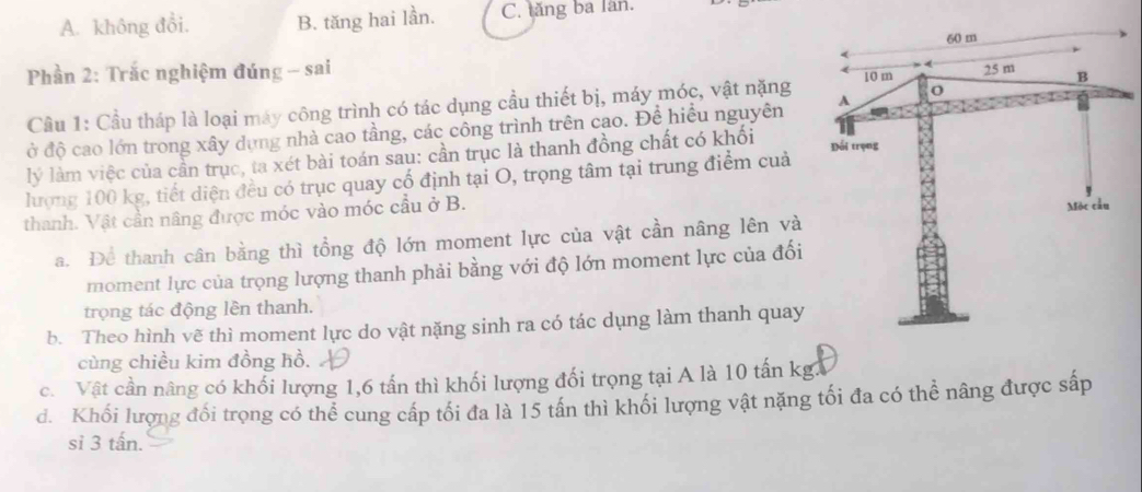 A. không đổi. B. tăng hai lần. C. lăng ba lần.
Phần 2: Trắc nghiệm đúng - sai
Cầu 1: Cầu tháp là loại máy công trình có tác dụng cầu thiết bị, máy móc, vật nặng 
đở độ cao lớn trong xây dụng nhà cao tầng, các công trình trên cao. Để hiểu nguyên
lý làm việc của cần trục, ta xét bài toán sau: cần trục là thanh đồng chất có khối 
lượng 100 kg, tiết diện đều có trục quay cố định tại O, trọng tâm tại trung điểm cuả
thanh. Vật cần nâng được móc vào móc cầu ở B.
a. Để thanh cân bằng thì tổng độ lớn moment lực của vật cần nâng lên và
moment lực của trọng lượng thanh phải bằng với độ lớn moment lực của đối
trọng tác động lên thanh.
b. Theo hình vẽ thì moment lực do vật nặng sinh ra có tác dụng làm thanh quay
cùng chiều kim đồng hồ.
c. Vật cần nâng có khối lượng 1, 6 tấn thì khối lượng đối trọng tại A là 10 tấn kg.
d. Khối lượng đổi trọng có thể cung cấp tối đa là 15 tần thì khối lượng vật nặng tối đa có thể nâng được sấp
si 3 tấn.