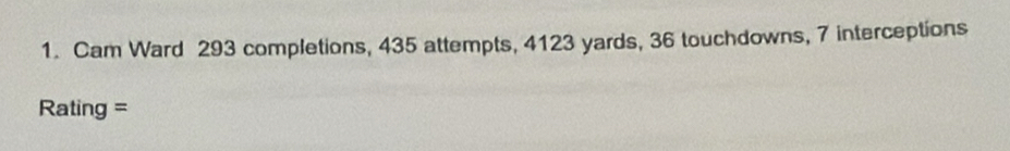 Cam Ward 293 completions, 435 attempts, 4123 yards, 36 touchdowns, 7 interceptions 
Rating =