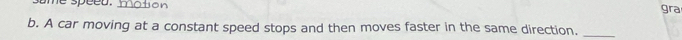 ome speed. gra 
b. A car moving at a constant speed stops and then moves faster in the same direction._