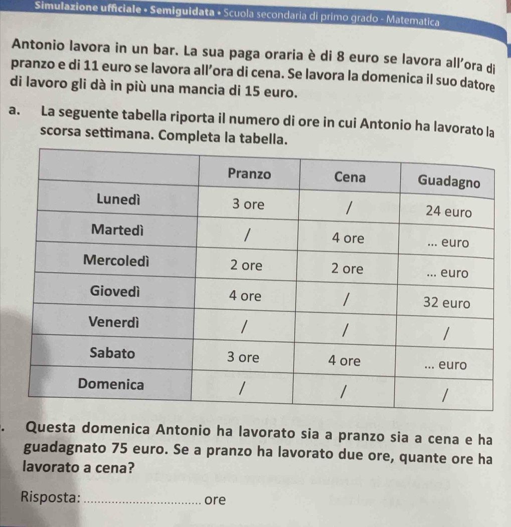 Simulazione ufficiale • Semiguidata • Scuola secondaria di primo grado - Matematica 
Antonio lavora in un bar. La sua paga oraria è di 8 euro se lavora all'ora di 
pranzo e di 11 euro se lavora all’ora di cena. Se lavora la domenica il suo datore 
di lavoro gli dà in più una mancia di 15 euro. 
a. La seguente tabella riporta il numero di ore in cui Antonio ha lavorato la 
scorsa settimana. Completa la tabella. 
Questa domenica Antonio ha lavorato sia a pranzo sia a cena e ha 
guadagnato 75 euro. Se a pranzo ha lavorato due ore, quante ore ha 
lavorato a cena? 
Risposta: _ore