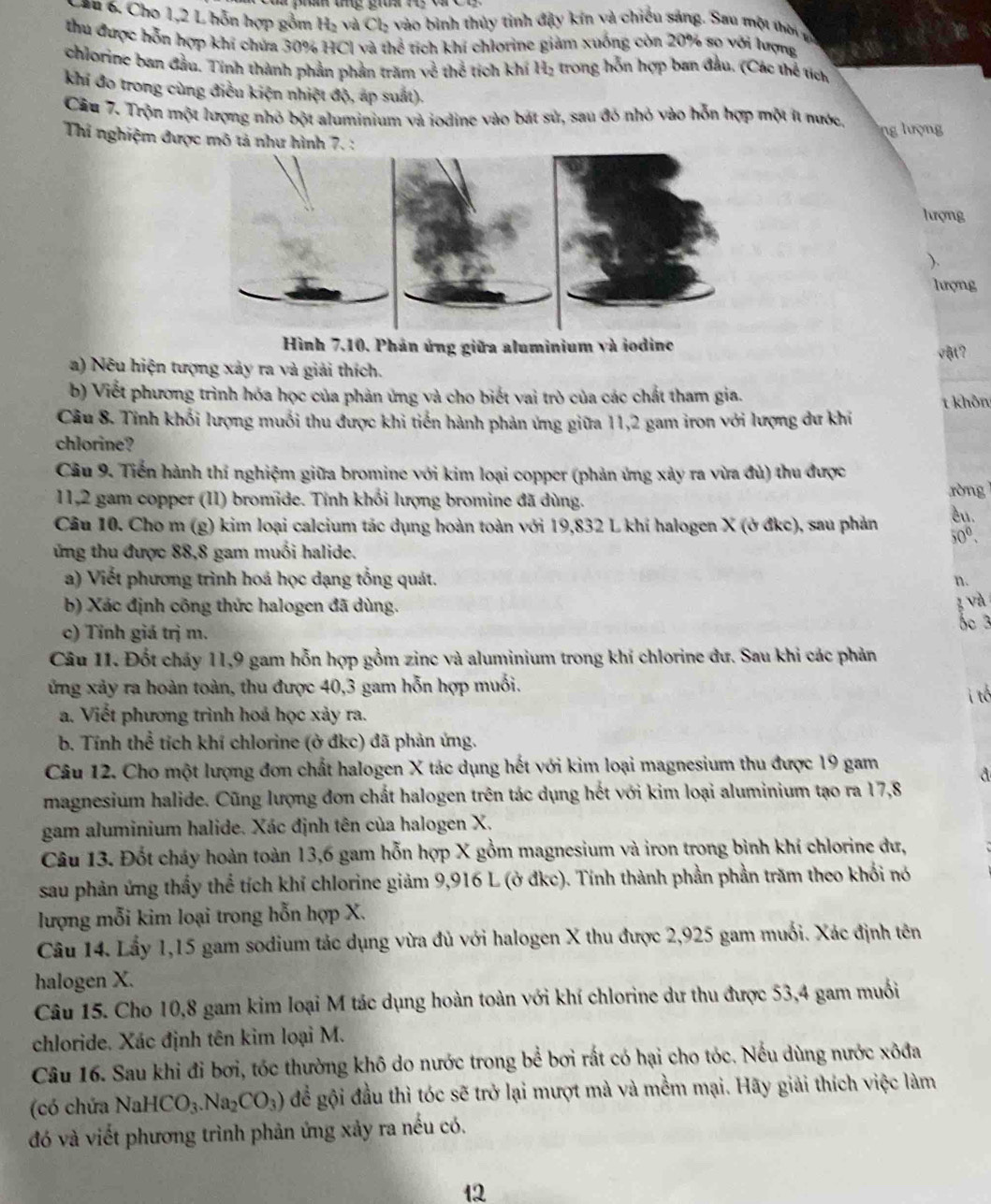 = 6. Cho 1,2 L hỗn hợp gồm H₂ và Cl₂ vào bình thủy tinh đậy kín và chiếu sáng. Sau một thờ g
thu được hỗn hợp khi chứa 30% HCl và thể tích khí chiorine giảm xuống còn 20% so với lượng
chlorine ban đầu. Tính thành phần phản trăm về thể tích khí H₂ trong hỗn hợp ban đầu. (Các thể tích
khi đo trong cùng điều kiện nhiệt độ, áp suất).
Câu 7. Trộn một lượng nhỏ bột aluminium và iodine vào bát sử, sau đỏ nhỏ vào hỗn hợp một ít nước
ng lượng
Thí nghiệm được mô tả như hình 7. :
hượng
).
hượng
10. Phán ứng giữa aluminium và io vậ?
a) Nêu hiện tượng xảy ra và giải thích.
b) Viết phương trình hóa học của phản ứng và cho biết vai trò của các chất tham gia.
Câu 8. Tỉnh khối lượng muối thu được khi tiến hành phản ứng giữa 11,2 gam iron với lượng du khi t khôn
chlorine?
Câu 9. Tiến hành thí nghiệm giữa bromine với kim loại copper (phản ứng xảy ra vừa đủ) thu được
11,2 gam copper (II) bromide. Tính khối lượng bromine đã dùng. ròng
Câu 10. Cho m (g) kim loại calcium tác dụng hoàn toàn với 19,832 L khí halogen X (ở đkc), sau phản cu.
50°.
ứng thu được 88,8 gam muối halide.
a) Viết phương trình hoá học dạng tổng quát. n.
b) Xác định công thức halogen đã dùng.
3 và 
c) Tỉnh giá trị m.
bc 3
Câu 11. Đốt chảy 11,9 gam hỗn hợp gồm zinc và aluminium trong khí chlorine dư. Sau khi các phản
ứng xảy ra hoàn toàn, thu được 40,3 gam hỗn hợp muối.
i tố
a. Viết phương trình hoá học xảy ra.
b. Tính thể tích khí chlorine (ở đkc) đã phản ứng.
Câu 12. Cho một lượng đơn chất halogen X tác dụng hết với kim loại magnesium thu được 19 gam
a
magnesium halide. Cũng lượng đơn chất halogen trên tác dụng hết với kim loại aluminium tạo ra 17,8
gam aluminium halide. Xác định tên của halogen X.
Câu 13. Đốt cháy hoàn toàn 13,6 gam hỗn hợp X gồm magnesium và iron trong bình khí chlorine dư,
sau phản ứng thấy thể tích khí chlorine giảm 9,916 L (ở đkc). Tính thành phần phần trăm theo khối nó
lượng mỗi kim loại trong hỗn hợp X.
Câu 14. Lẩy 1,15 gam sodium tác dụng vừa đủ với halogen X thu được 2,925 gam muối. Xác định tên
halogen X.
Câu 15. Cho 10,8 gam kim loại M tác dụng hoàn toàn với khí chlorine dư thu được 53,4 gam muối
chloride. Xác định tên kim loại M.
Câu 16. Sau khi đi bơi, tóc thường khô do nước trong bể bơi rất có hại cho tóc. Nếu dùng nước xôđa
(có chứa NaHCO_3.Na_2CO_3) để gội đầu thì tóc sẽ trở lại mượt mà và mềm mại. Hãy giải thích việc làm
đó và viết phương trình phản ứng xảy ra nếu có.
12
