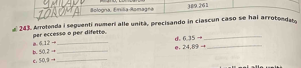 Arrotonda i seguenti numeri alle unità, precisando in ciascun casndato 
per eccesso o per difetto. 
_ 
a. 6, 12 _d. 6, 35
_ 
b. 50, 2 _e. 24, 89
c. 50, 9
_