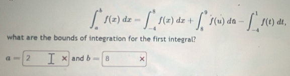 ∈t _a^bf(x)dx=∈t _(-4)^8f(x)dx+∈t _8^9f(u)du-∈t _(-4)^1f(t)dt, 
what are the bounds of integration for the first integral?
a=| 2 I* and b= 8 ×