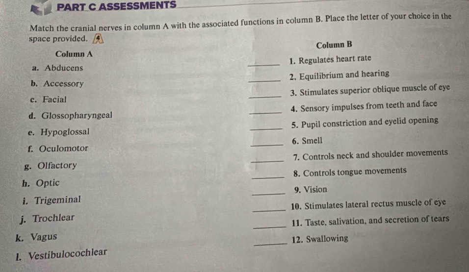 ASSESSMENTS 
Match the cranial nerves in column A with the associated functions in column B. Place the letter of your choice in the 
space provided. 
Column B 
Column A 
a. Abducens _1. Regulates heart rate 
_2. Equilibrium and hearing 
b. Accessory 
c. Facial _3. Stimulates superior oblique muscle of eye 
d. Glossopharyngeal _4. Sensory impulses from teeth and face 
e. Hypoglossal _5. Pupil constriction and eyelid opening 
_ 
6. Smell 
f. Oculomotor 
7. Controls neck and shoulder movements 
g. Olfactory 
_ 
_ 
8. Controls tongue movements 
h. Optic 
_9. Vision 
i. Trigeminal 
_10. Stimulates lateral rectus muscle of eye 
_ 
j. Trochlear 
11. Taste, salivation, and secretion of tears 
_ 
k. Vagus 
12. Swallowing 
I. Vestibulocochlear