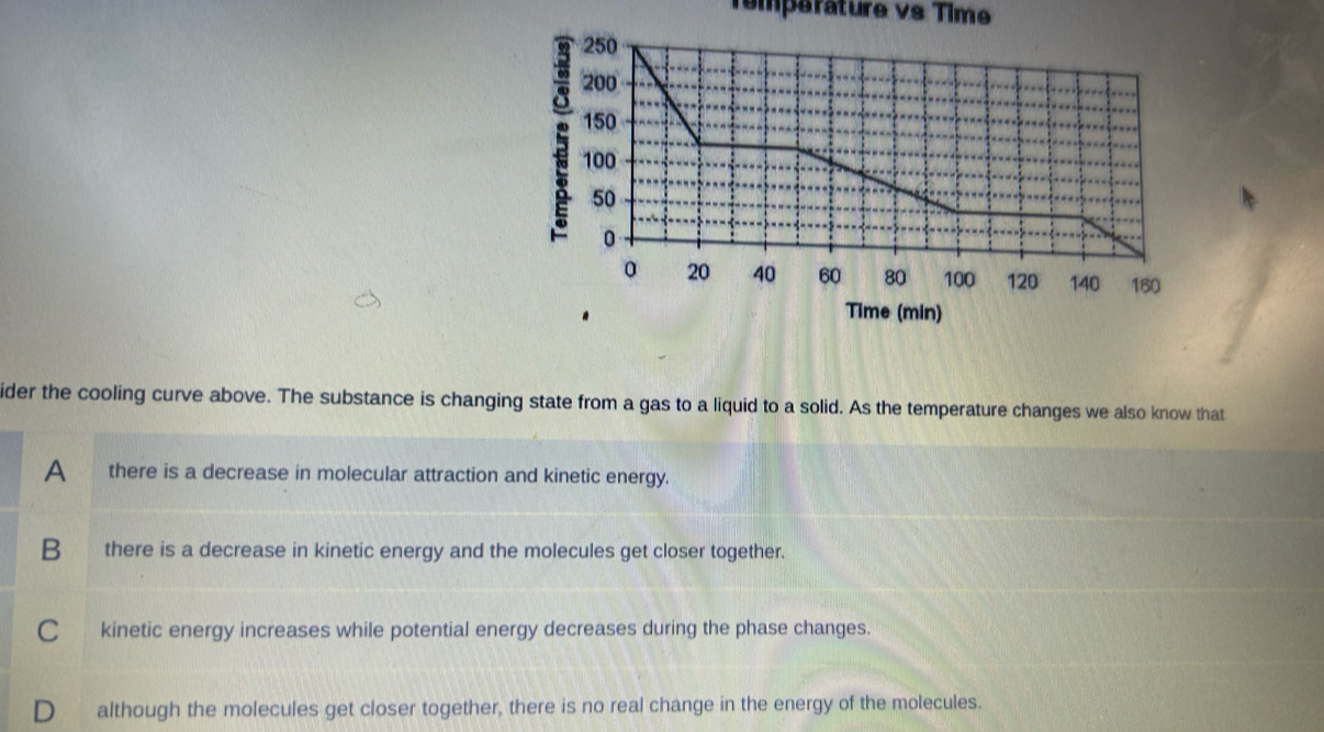 Témparature vs Time
Time (min)
ider the cooling curve above. The substance is changing state from a gas to a liquid to a solid. As the temperature changes we also know that
A there is a decrease in molecular attraction and kinetic energy.
B there is a decrease in kinetic energy and the molecules get closer together.
C kinetic energy increases while potential energy decreases during the phase changes.
D although the molecules get closer together, there is no real change in the energy of the molecules.