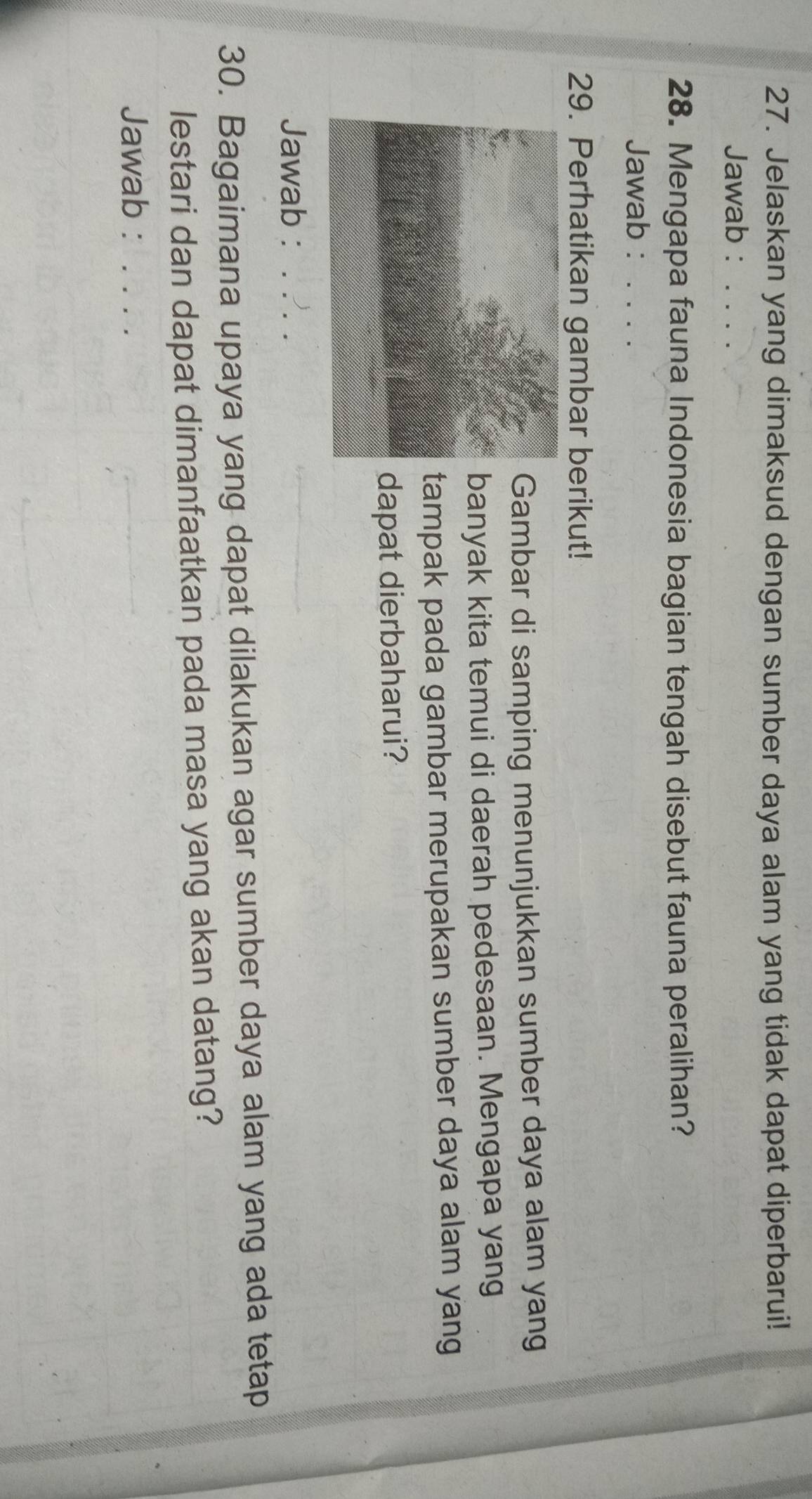 Jelaskan yang dimaksud dengan sumber daya alam yang tidak dapat diperbarui! 
Jawab : 
_ 
28. Mengapa fauna Indonesia bagian tengah disebut fauna peralihan? 
Jawab :_ 
29. Perhatikan gambar berikut! 
Gambar di samping menunjukkan sumber daya alam yang 
banyak kita temui di daerah pedesaan. Mengapa yang 
tampak pada gambar merupakan sumber daya alam yang 
dapat dierbaharui? 
Jawab :_ 
_ 
30. Bagaimana upaya yang dapat dilakukan agar sumber daya alam yang ada tetap 
lestari dan dapat dimanfaatkan pada masa yang akan datang? 
Jawab :_