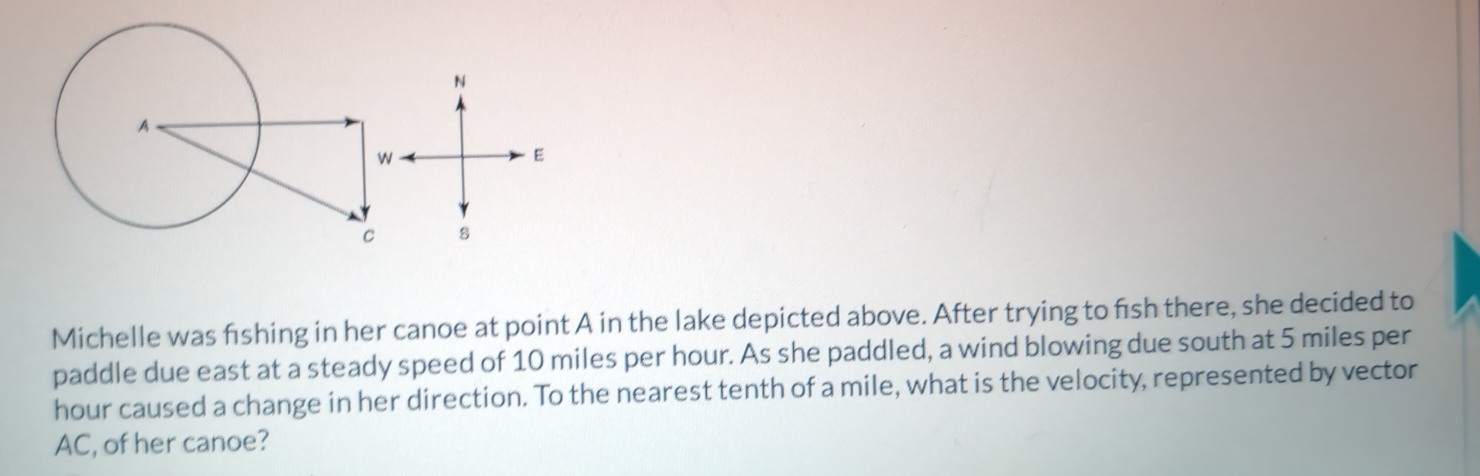 Michelle was fshing in her canoe at point A in the lake depicted above. After trying to fish there, she decided to 
paddle due east at a steady speed of 10 miles per hour. As she paddled, a wind blowing due south at 5 miles per
hour caused a change in her direction. To the nearest tenth of a mile, what is the velocity, represented by vector 
AC, of her canoe?