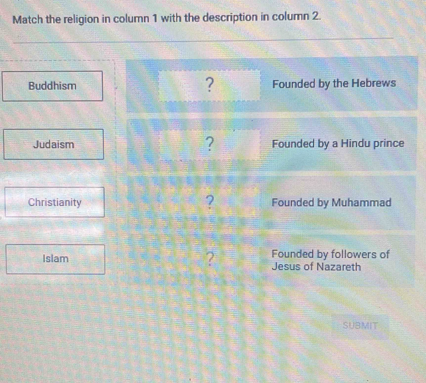 Match the religion in column 1 with the description in column 2.
Buddhism ? Founded by the Hebrews
Judaism
Christianity
Islam
SUBMIT