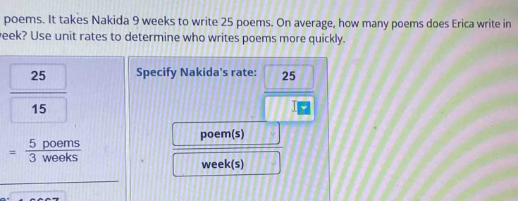 poems. It takes Nakida 9 weeks to write 25 poems. On average, how many poems does Erica write in 
eek? Use unit rates to determine who writes poems more quickly.
 25/15 
Specify Nakida's rate: 25
poem(s)
= 5poems/3weeks 
week(s)