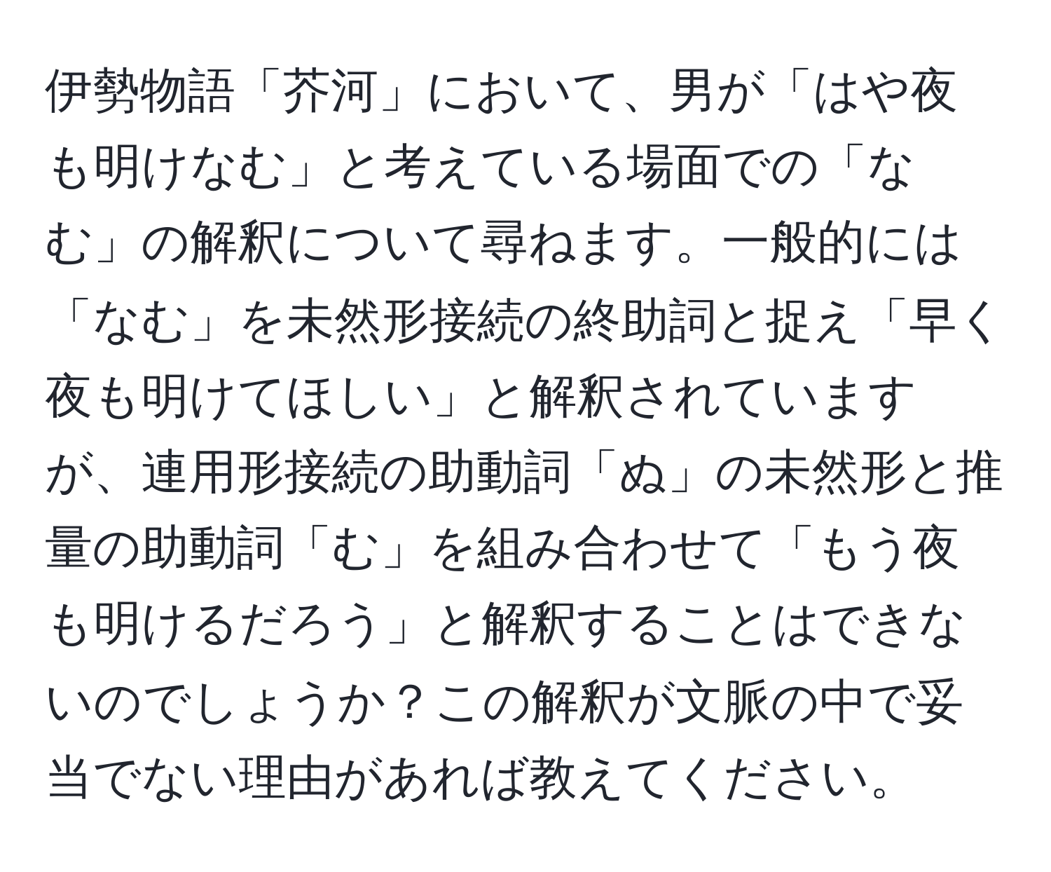 伊勢物語「芥河」において、男が「はや夜も明けなむ」と考えている場面での「なむ」の解釈について尋ねます。一般的には「なむ」を未然形接続の終助詞と捉え「早く夜も明けてほしい」と解釈されていますが、連用形接続の助動詞「ぬ」の未然形と推量の助動詞「む」を組み合わせて「もう夜も明けるだろう」と解釈することはできないのでしょうか？この解釈が文脈の中で妥当でない理由があれば教えてください。