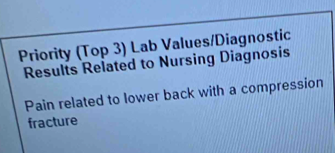 Priority (Top 3) Lab Values/Diagnostic 
Results Related to Nursing Diagnosis 
Pain related to lower back with a compression 
fracture