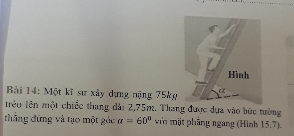 Một kĩ sư xây dựng nặng 75kg
trèo lên một chiếc thang dài 2,75m. Thang được dựa vào bức tường 
thắng đứng và tạo một góc alpha =60° với mặt phăng ngang (Hình 15.7).