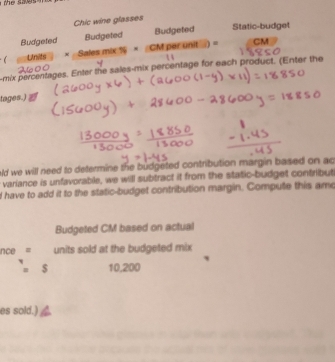 Chic wine glasses 
Budgeted Budgeted Budgeted Static-budget 
 Units × Sales mix % × CM par unit ) = CM 
-mix percentages. Enter the sales-mix percentage for each product. (Enter the 
tages.) 
ld we will need to determine the budgeted contribution margin based on ac 
variance is unfavorable, we will subtract it from the static-budget contribut 
d have to add it to the static-budget contribution margin. Compute this amo 
Budgeted CM based on actual 
nce = units sold at the budgeted mix 
= $ 10,200
es sold.)