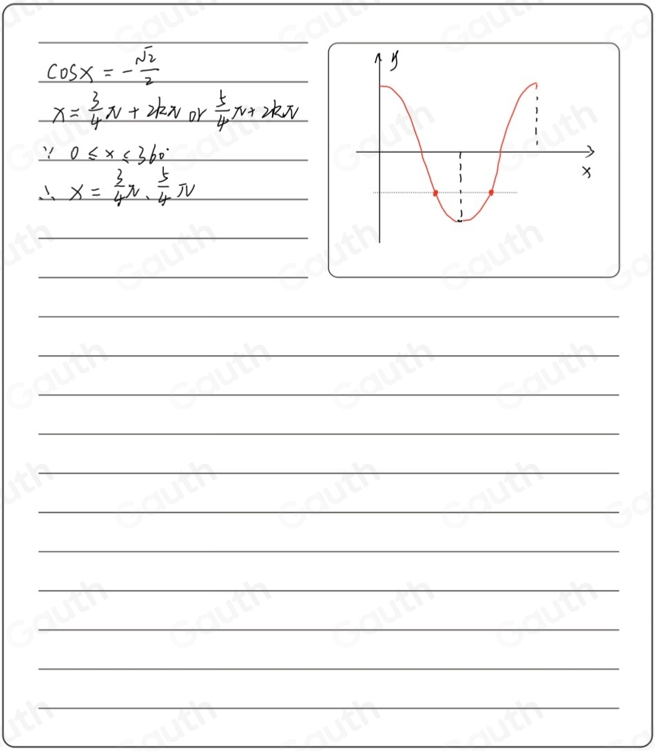 cos x=- sqrt(2)/2 
x= 3/4 π +2kπ or  5/4 π +2kπ
∵ 0≤slant x≤slant 360°
x= 3/4 π ·  5/4 π