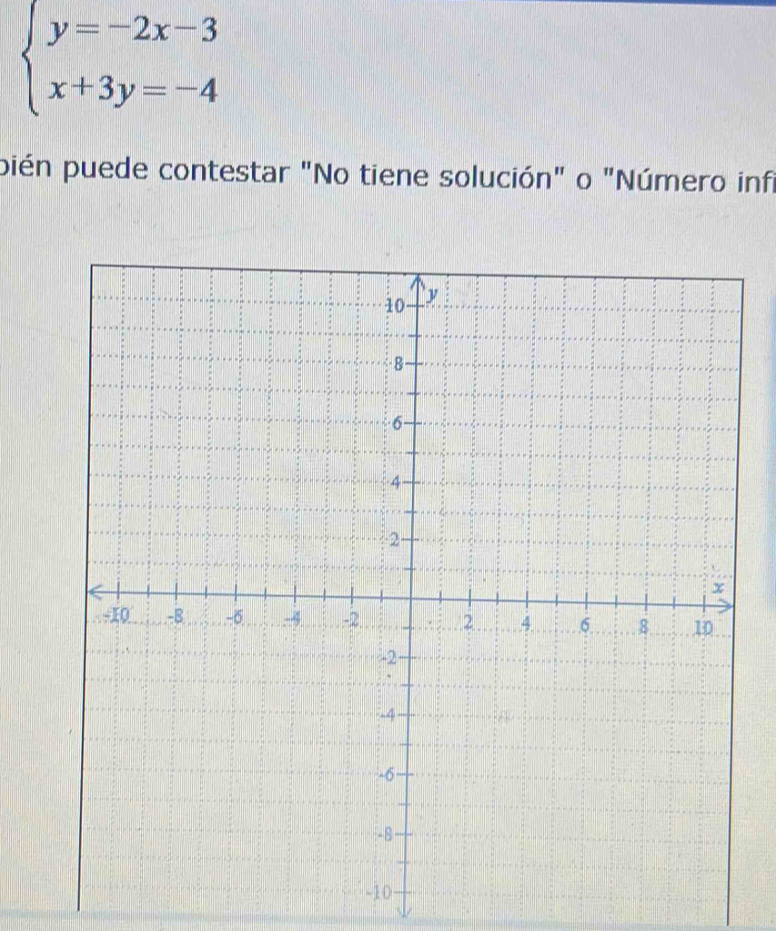 beginarrayl y=-2x-3 x+3y=-4endarray.
pién puede contestar "No tiene solución" o "Número infi