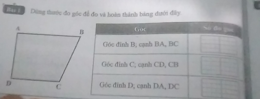 Dùng thước đo góc đề đo và hoàn thành bảng dưới đây.