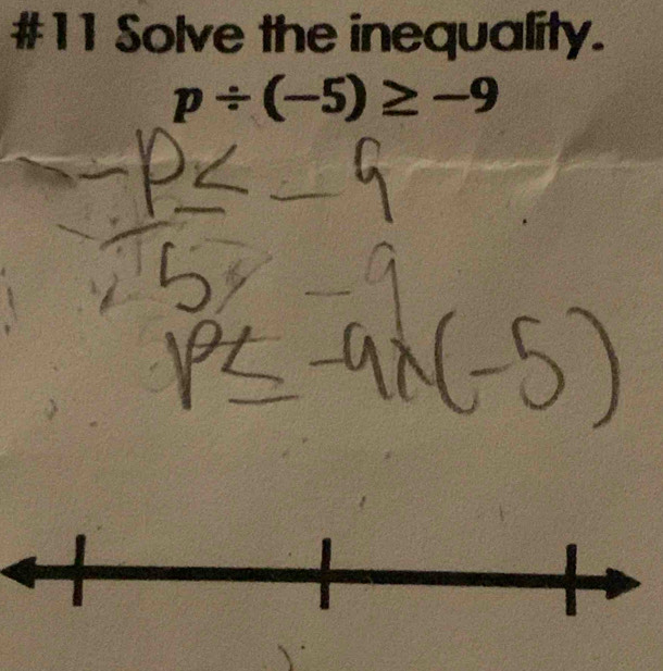 #11 Solve the inequality.
p/ (-5)≥ -9