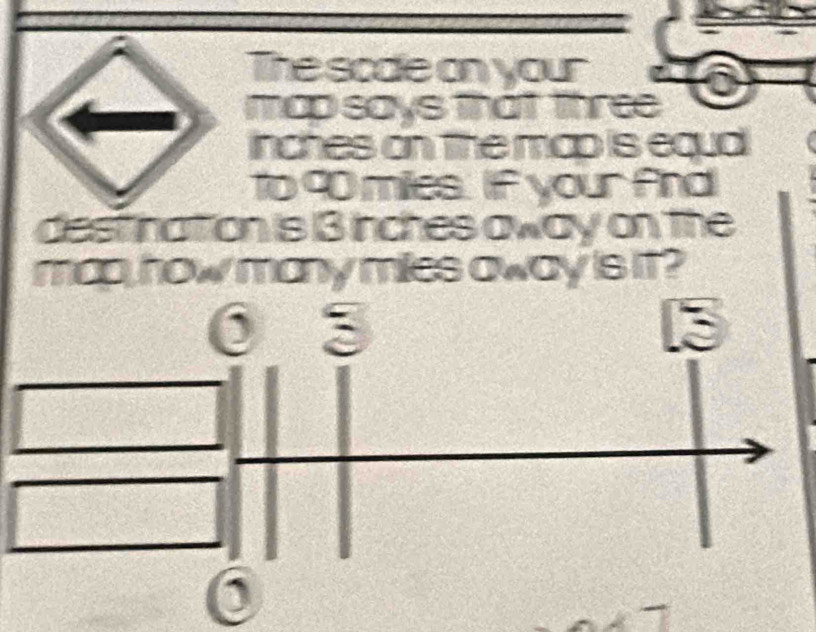 The sode on your or 
map says that three
inches on the map is equal 
to 90 miles. if your And 
dest ination is 13 inches away on The 
map,how many miles away is it? 
0