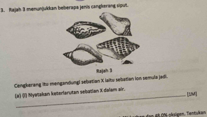 Rajah 3 menunjukkan beberapa jenis cangkerang siput. 
Cengkerang itu mengandungi sebatian X iaitu sebatian ion semula jadi. 
(a) (i) Nyatakan keterlarutan sebatian X dalam air. 
_[1M] 
dan 48.0% oksigen. Tentukan