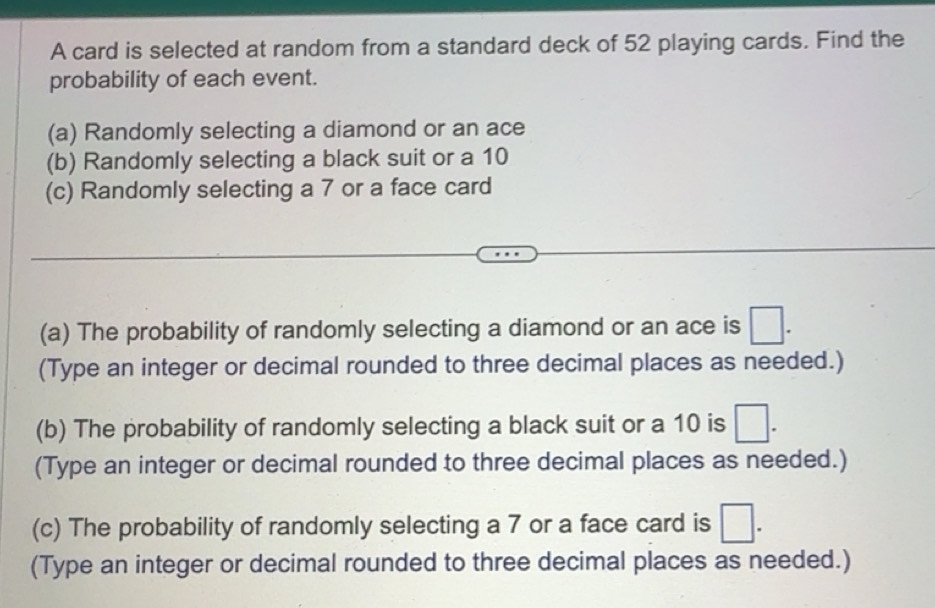 Solved: A card is selected at random from a standard deck of 52 playing ...