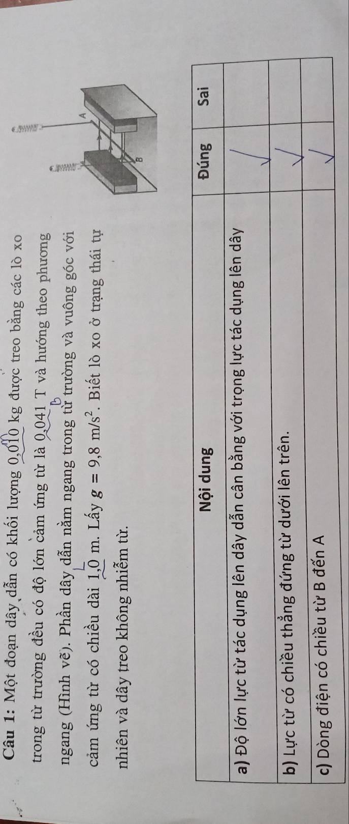 Một đoạn dây dẫn có khối lượng 0,010 kg được treo bằng các lò xo 
trong từ trường đều có độ lớn cảm ứng từ là 0,041 T và hướng theo phương 
ngang (Hình vẽ). Phần dây dẫn nằm ngang trong từ trường và vuông góc với 
cảm ứng từ có chiều dài 1,0 m. Lấy g=9,8m/s^2. Biết lò xo ở trạng thái tự 
nhiên và dây treo không nhiễm từ.