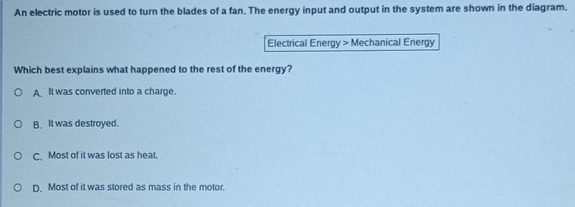 An electric motor is used to turn the blades of a fan. The energy input and output in the system are shown in the diagram.
Electrical Energy > Mechanical Energy
Which best explains what happened to the rest of the energy?
AIt was converted into a charge.
B. It was destroyed.
C. Most of it was lost as heat.
D. Most of it was stored as mass in the motor.