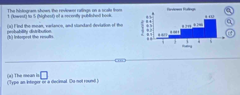 The histogram shows the reviewer ratings on a scale from
1 (lowest) to 5 (highest) of a recently published book. 
(a) Find the mean, variance, and standard deviation of the 
probability distribution 
(b) Interpret the results. 
(a) The mean is 
(Type an integer or a decimal. Do not round.)