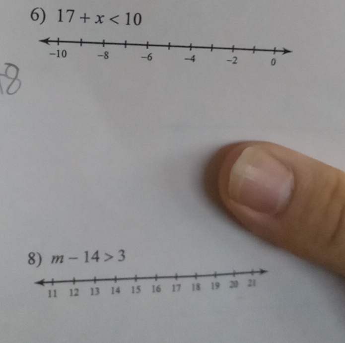 17+x<10</tex> 
8) m-14>3