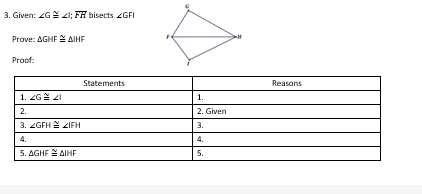 Given: ∠ G≌ ∠ I;overline FH bisects ∠ GFI
Prove △ GHF≌ △ IHF
Proof: