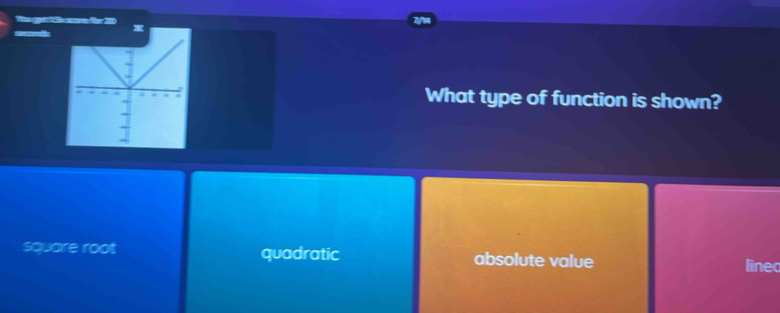 gW ee frr 2
see cond s
What type of function is shown?
square root quadratic absolute value
linec