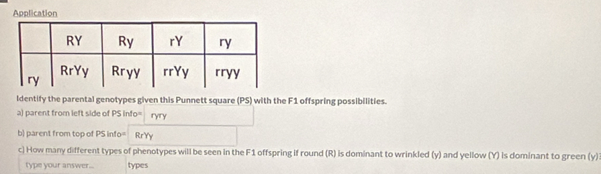 Application 
ldentify the parental genotypes given this Punnett square (PS) with the F1 offspring possibilities. 
a) parent from left side of PSinfo= ryry 
b) parent from top of PS info= RrYy 
c) How many different types of phenotypes will be seen in the F1 offspring if round (R) is dominant to wrinkled (y) and yellow (Y) is dominant to green (y) 
type your answer... types